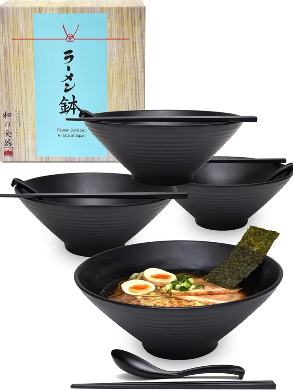 57oz Large Japanese Ramen Bowl Set - 12 Piece Melamine Dishware with Spoon